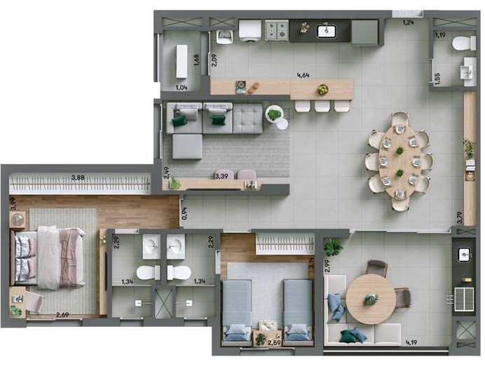 Planta 2 suítes - 100,64m²