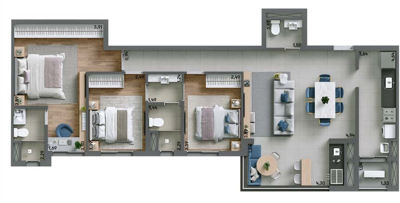 Planta 3 quartos - 101,21m²