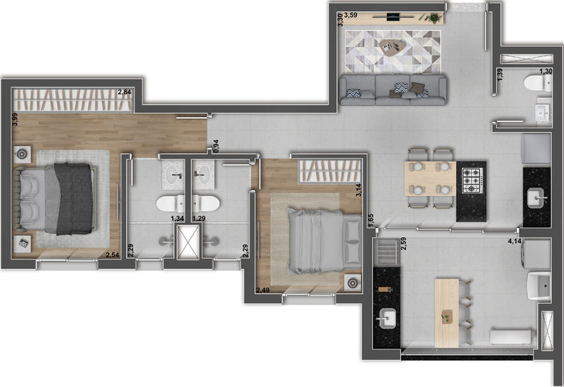 Planta 2 suítes - 73,09m²