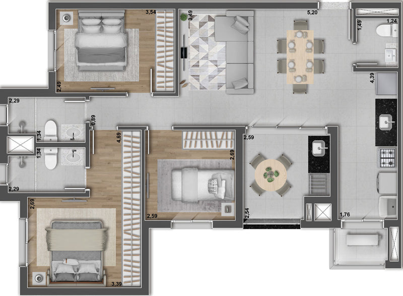 Planta 3 quartos - 84,87m²