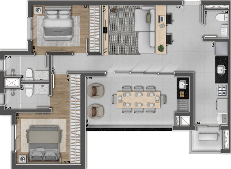 Planta 2 suítes - 84,87m²