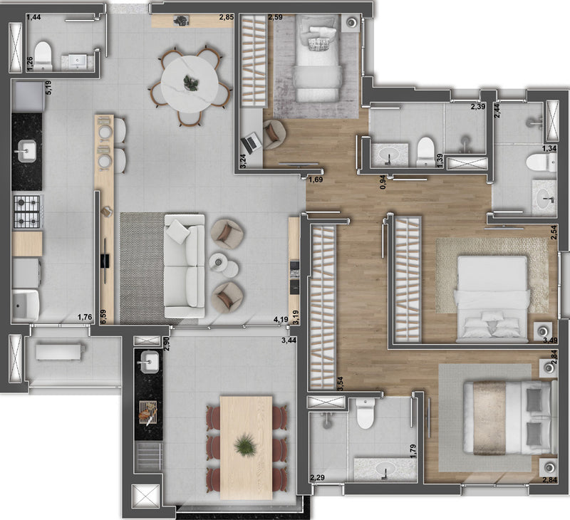 Planta 3 suítes - 111,12m²