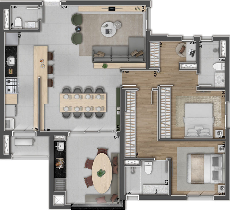 Planta 2 suítes - 111,12m²