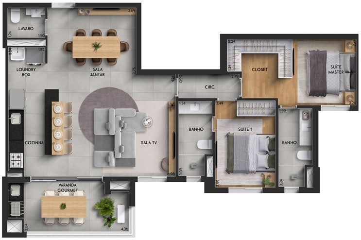 Planta 2 suítes - 100,98m²