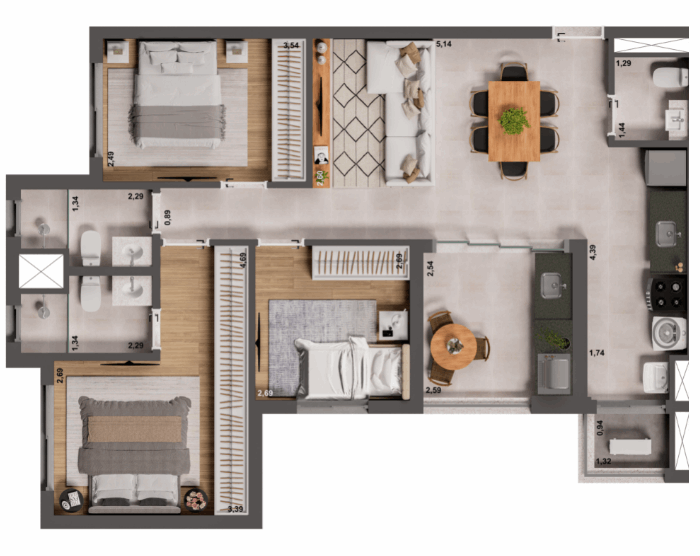 Planta - 84,80m² Opção 1
