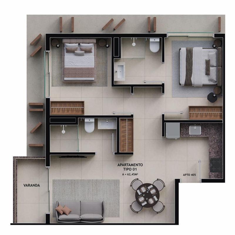 2 Quartos 1 Suíte - 60m² a 62m²