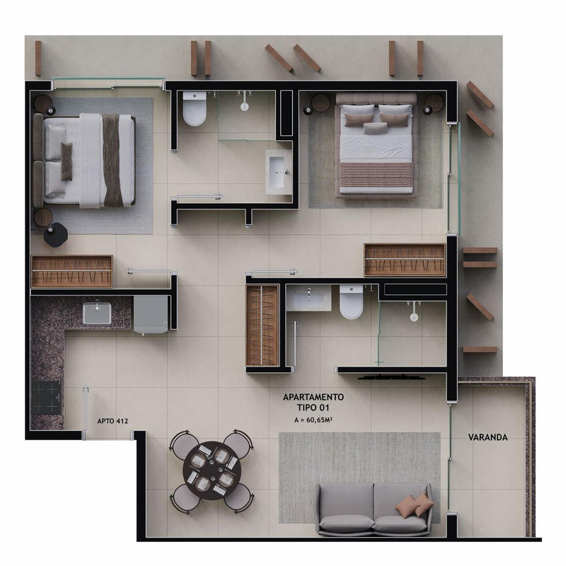 2 Quartos 1 Suíte - 60m² a 62m²