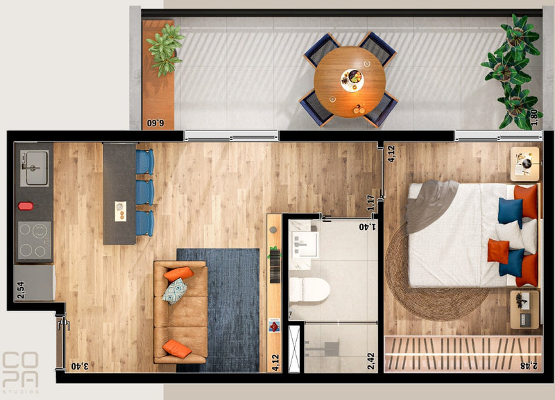 Studio 1 quarto - 42,02m²