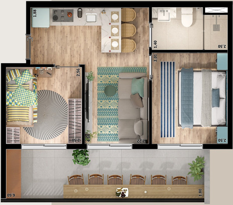 Studio 2 quartos - 47,30m²